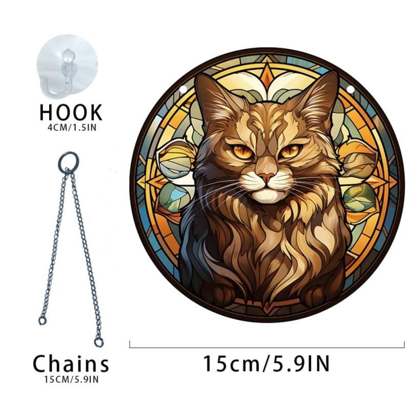Acryl kat thema venster Suncather 5,9 x 5,9 cm, cadeau voor kattenliefhebbers natuurliefhebbers kat in lood raamhangers (A)
