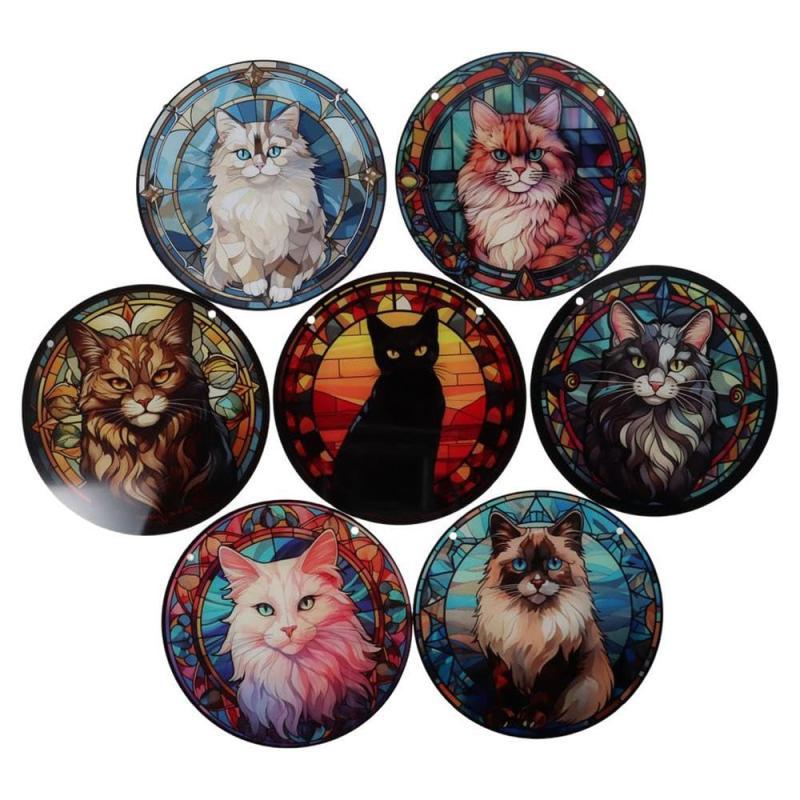 Acryl kat thema venster Suncather 5,9 x 5,9 cm, cadeau voor kattenliefhebbers natuurliefhebbers kat in lood raamhangers (A)