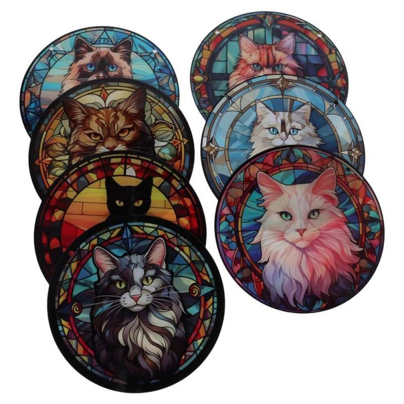 Acryl kat thema venster Suncather 5,9 x 5,9 cm, cadeau voor kattenliefhebbers natuurliefhebbers kat in lood raamhangers (A)