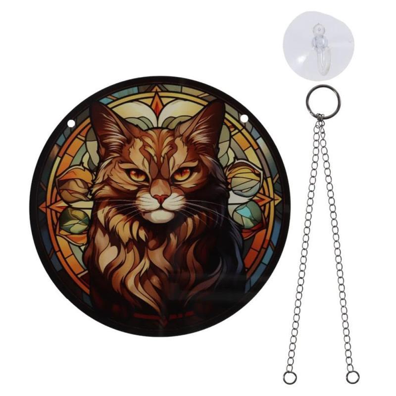 Acryl kat thema venster Suncather 5,9 x 5,9 cm, cadeau voor kattenliefhebbers natuurliefhebbers kat in lood raamhangers (A)